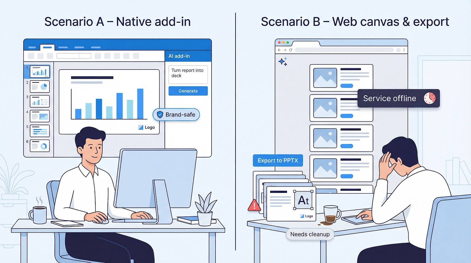 Visually contrasts Scenario A (Plus AI inside Slides/PowerPoint) with Scenario B (a web canvas workflow that requires exports and cleanup, and has since gone dark). Turning the narrative into a two-panel storyboard makes the abstract comparison instantly graspable for readers skimming the page.