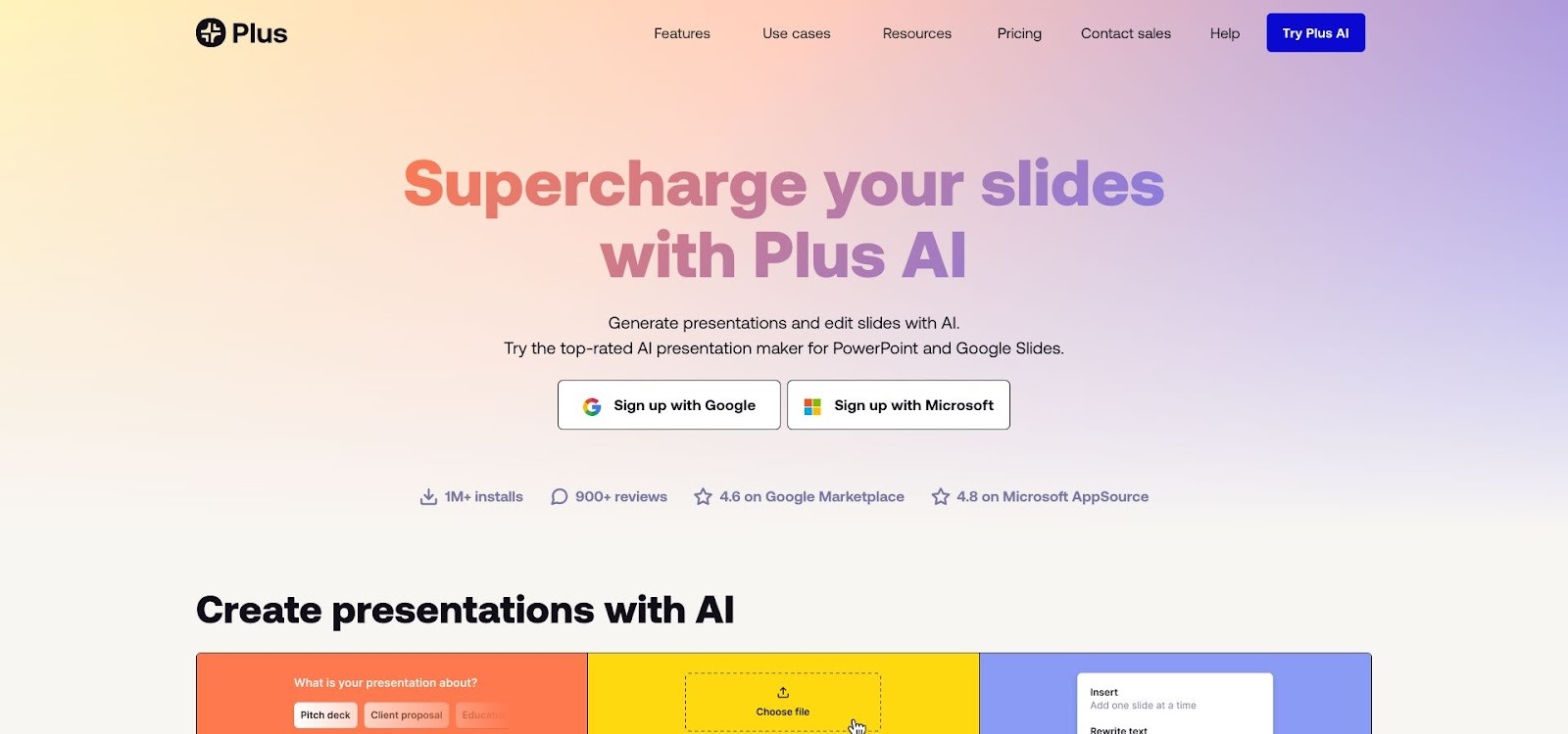 Shows a real-world view of Plus AI, the primary tool under discussion, right where its native integration and adoption metrics are described. A live-site screenshot supports credibility and satisfies the guideline to screenshot websites mentioned as key options in a listicle.