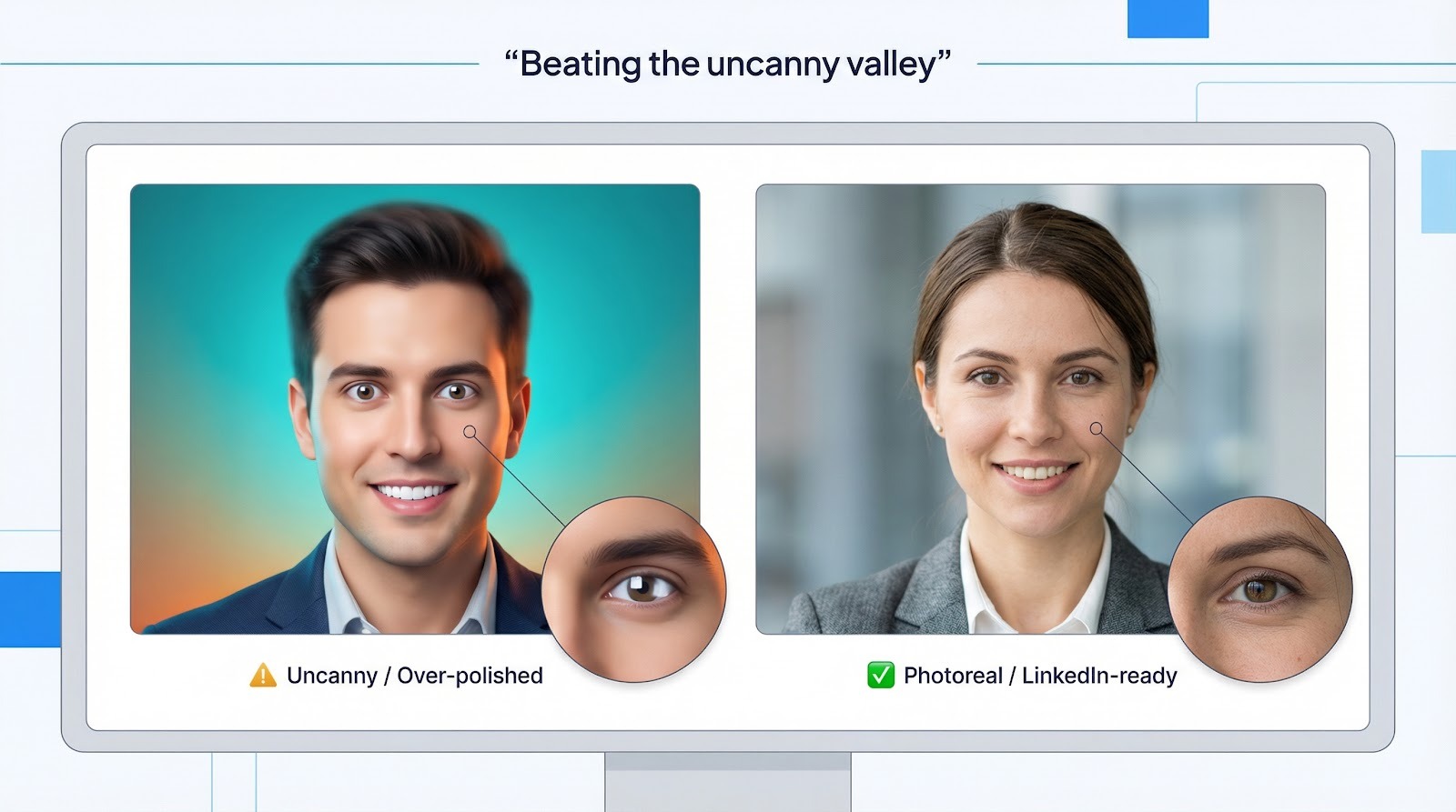 Clearly illustrates the difference between uncanny AI portraits and realistic ones, reinforcing the section&rsquo;s core concept about photorealism and trust on LinkedIn.