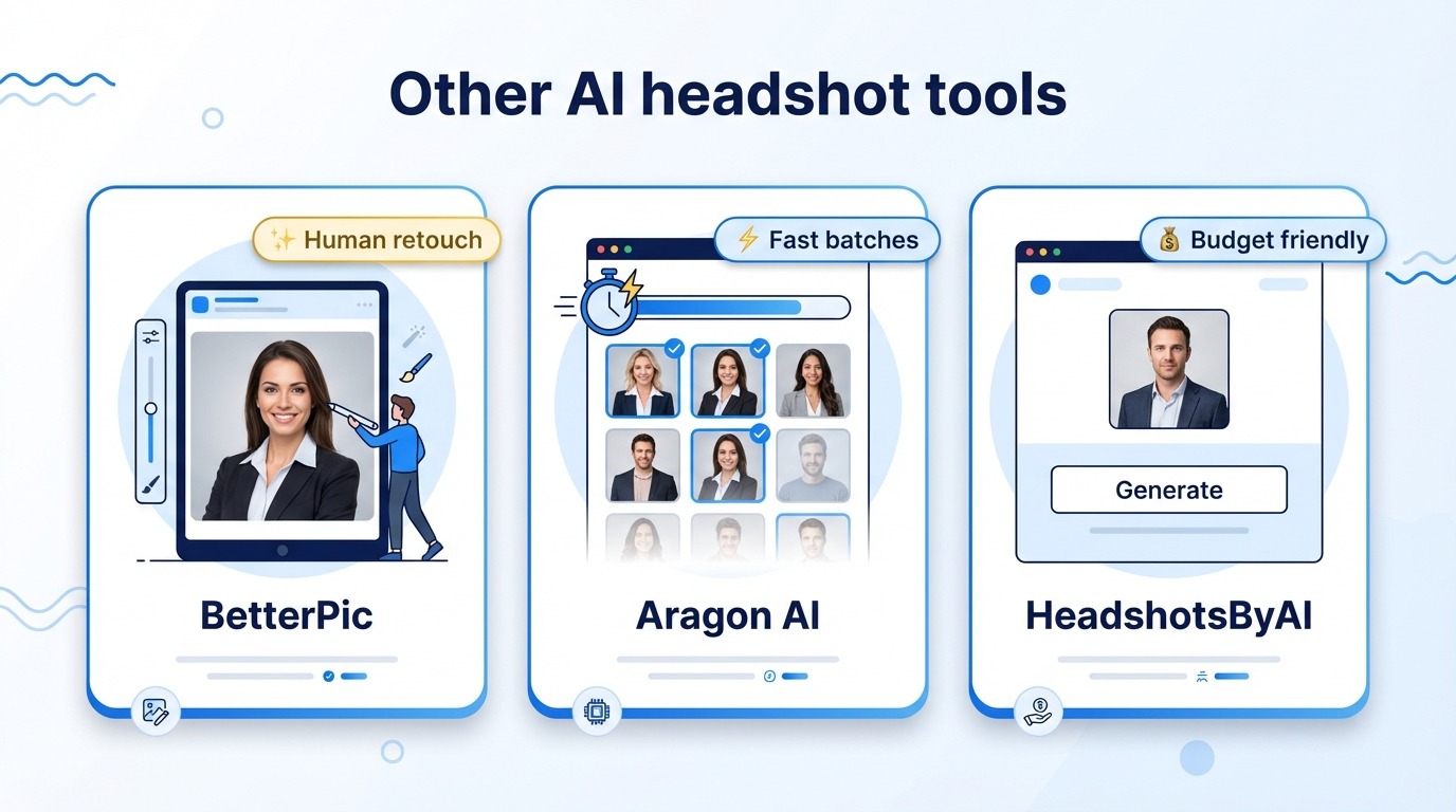 Acts as a visual anchor for the 'Other top AI headshot tools' section by representing BetterPic, Aragon AI, and HeadshotsByAI in a single cohesive graphic, helping readers remember the three alternatives.