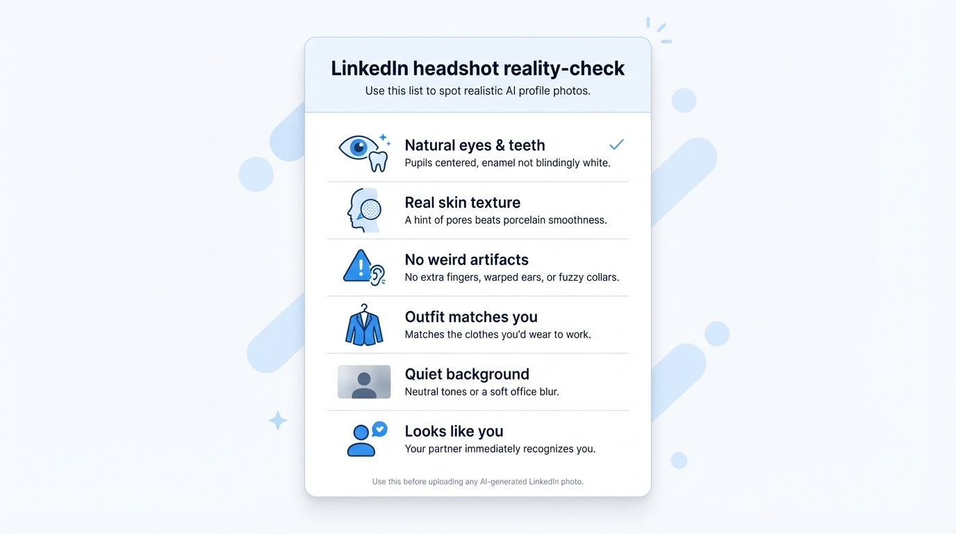 Transforms the textual reality-check list into a compact, shareable checklist graphic that makes it easier for readers to remember and apply the key visual criteria for realistic LinkedIn headshots.