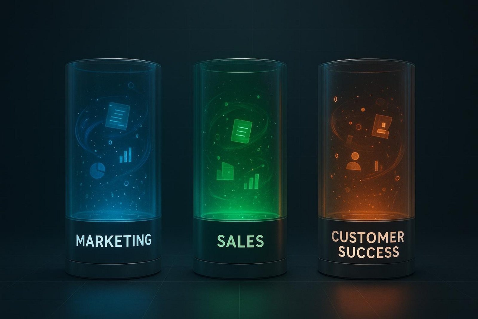 Three separate glass towers labeled marketing sales and customer success depict data silos in a business environment with glowing colors and isolated data points inside each tower.