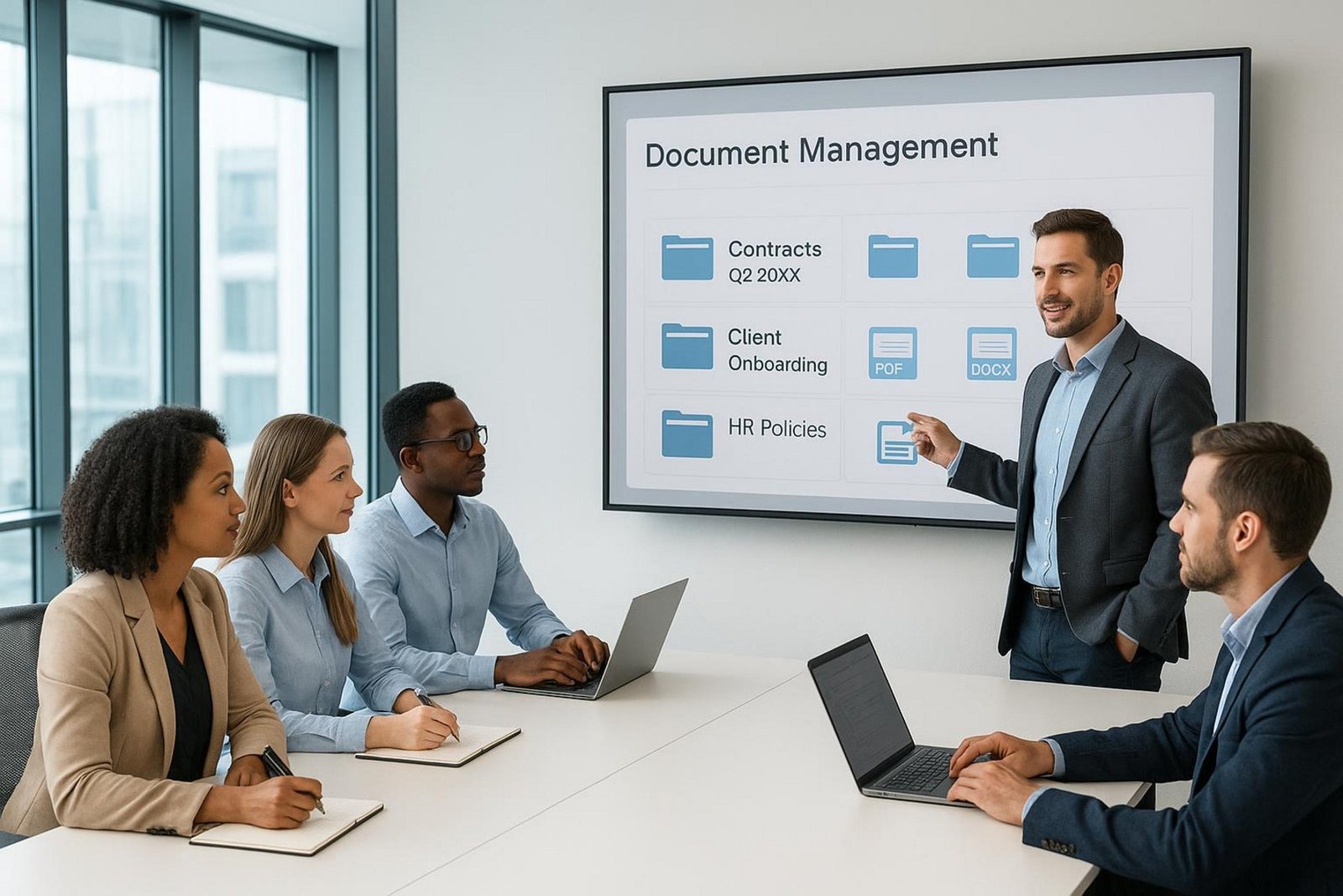 A professional team in a modern office learning to use a new software system with a trainer pointing at an organized interface.