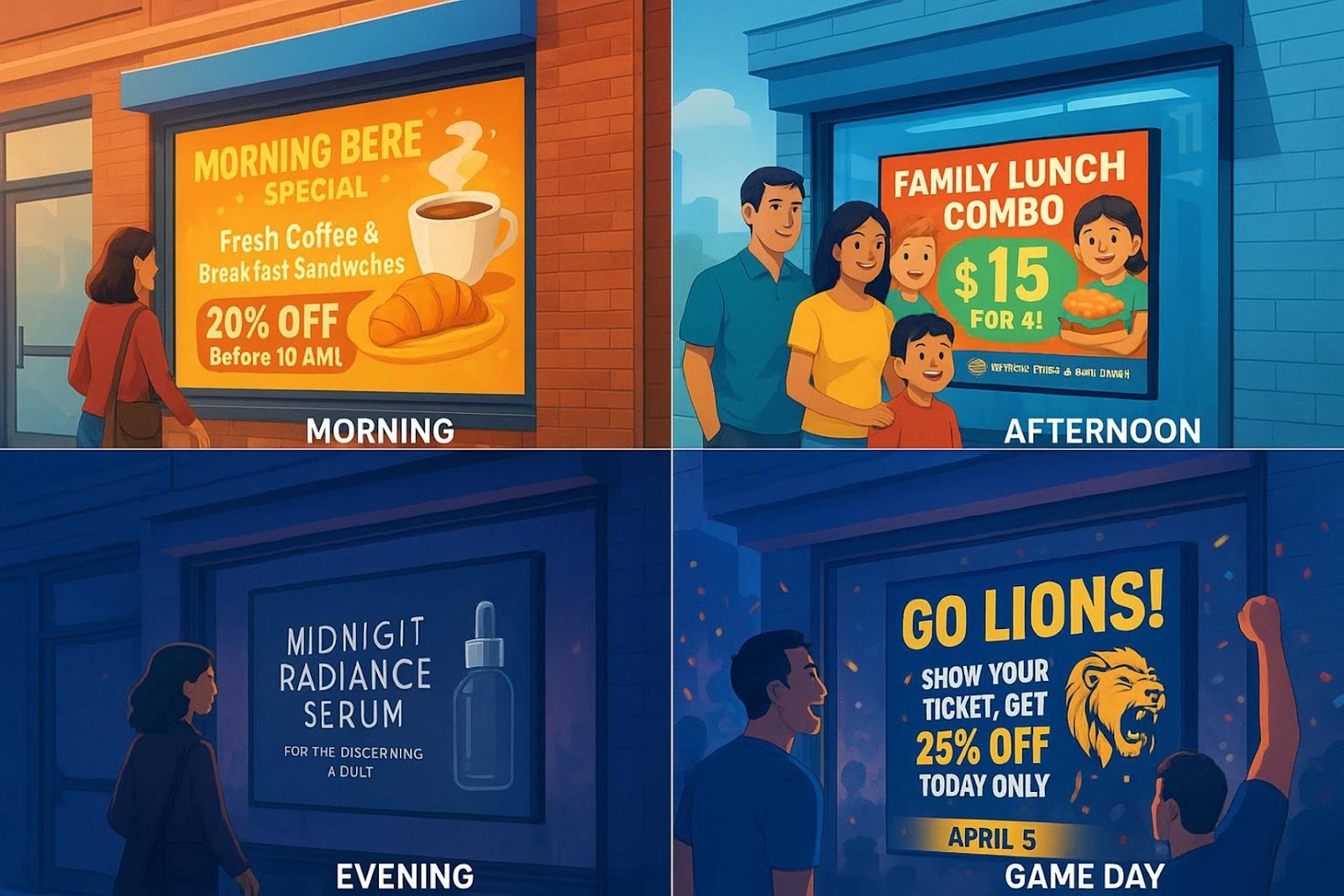 Four panels of a digital storefront display showing different advertisements for morning coffee, afternoon lunch, evening products, and game day promotions, illustrating adaptive content for various times and events.