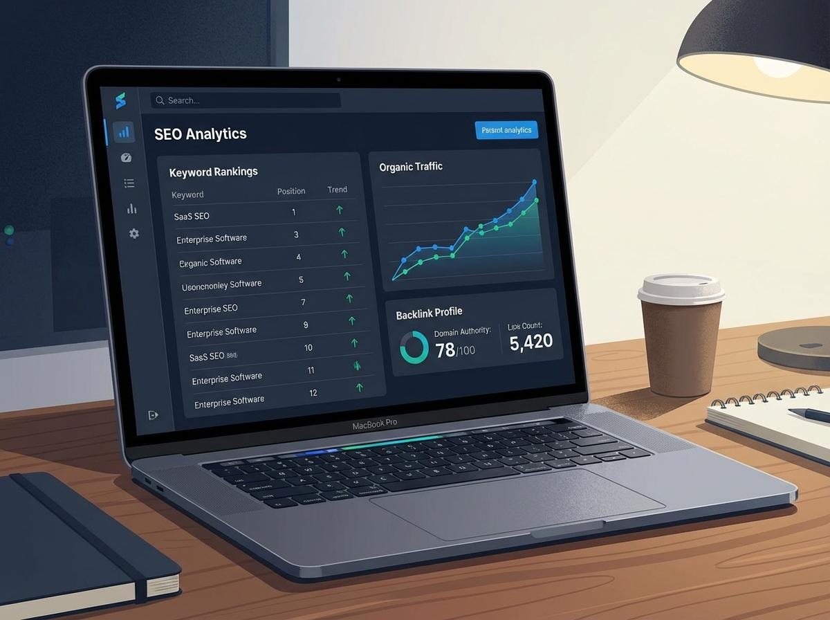 SEO analytics dashboard on laptop showing keyword rankings, organic traffic trends, and backlink profile