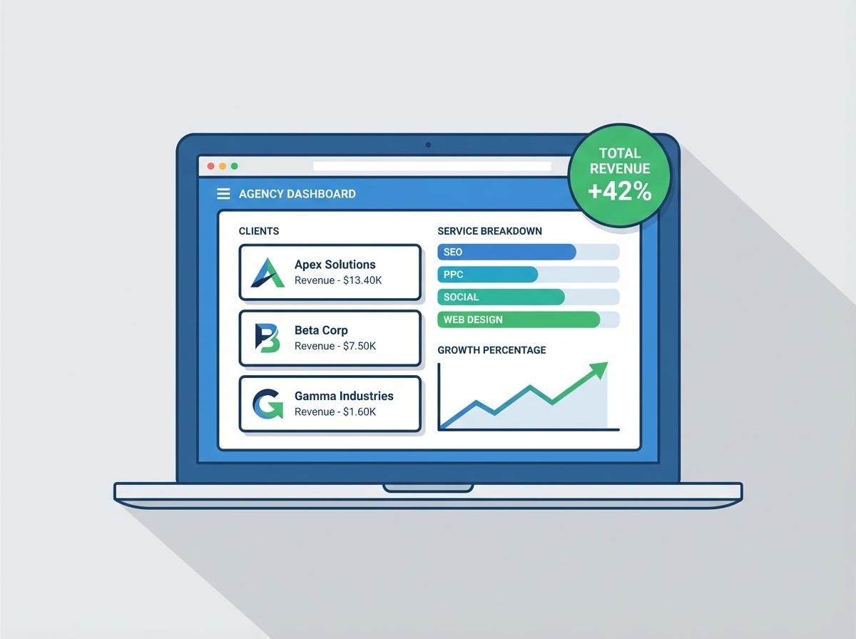 Agency dashboard showing client revenue metrics, service line breakdowns, and 42% revenue growth