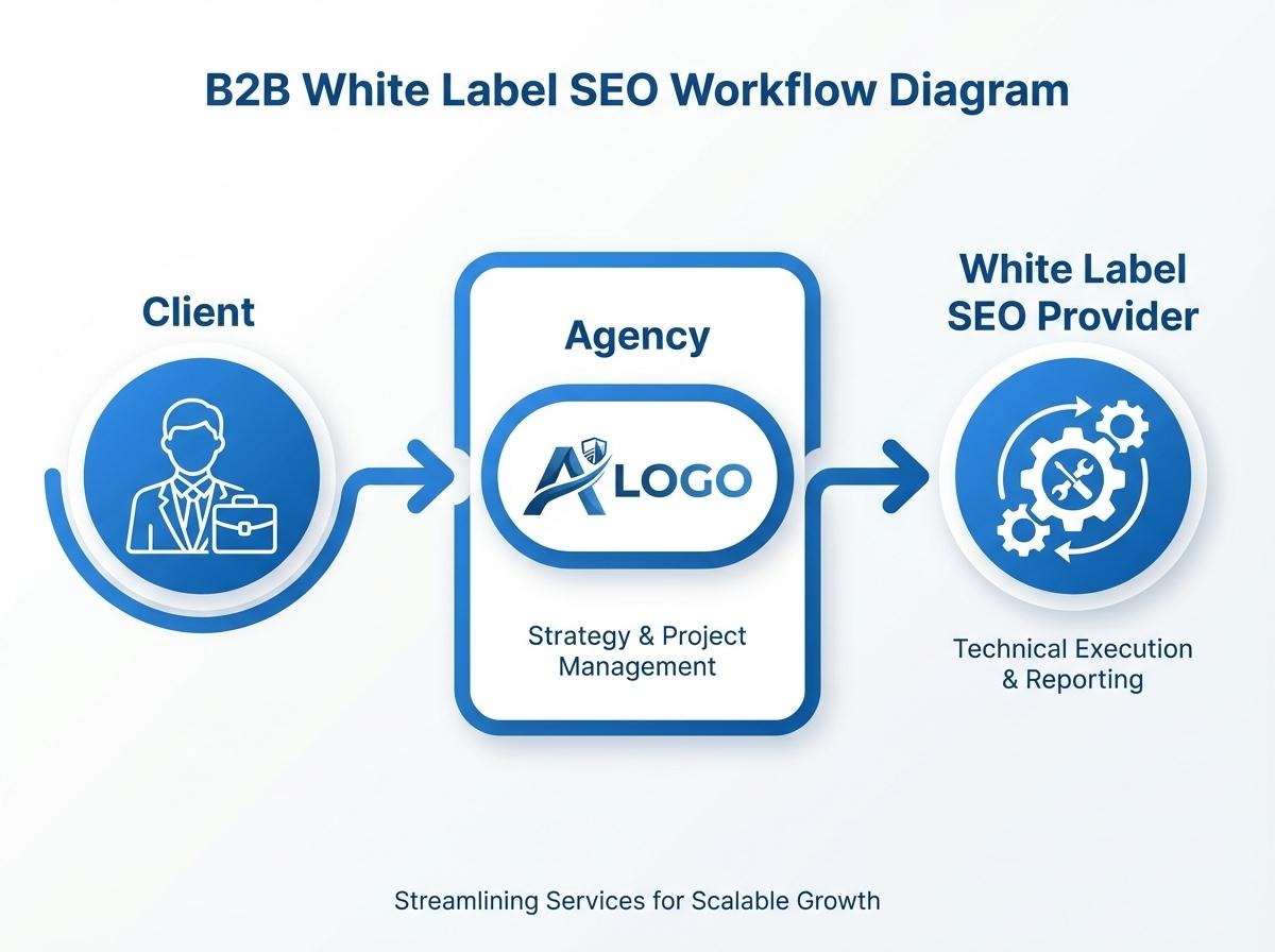 White label SEO workflow diagram showing client, agency, and provider relationship