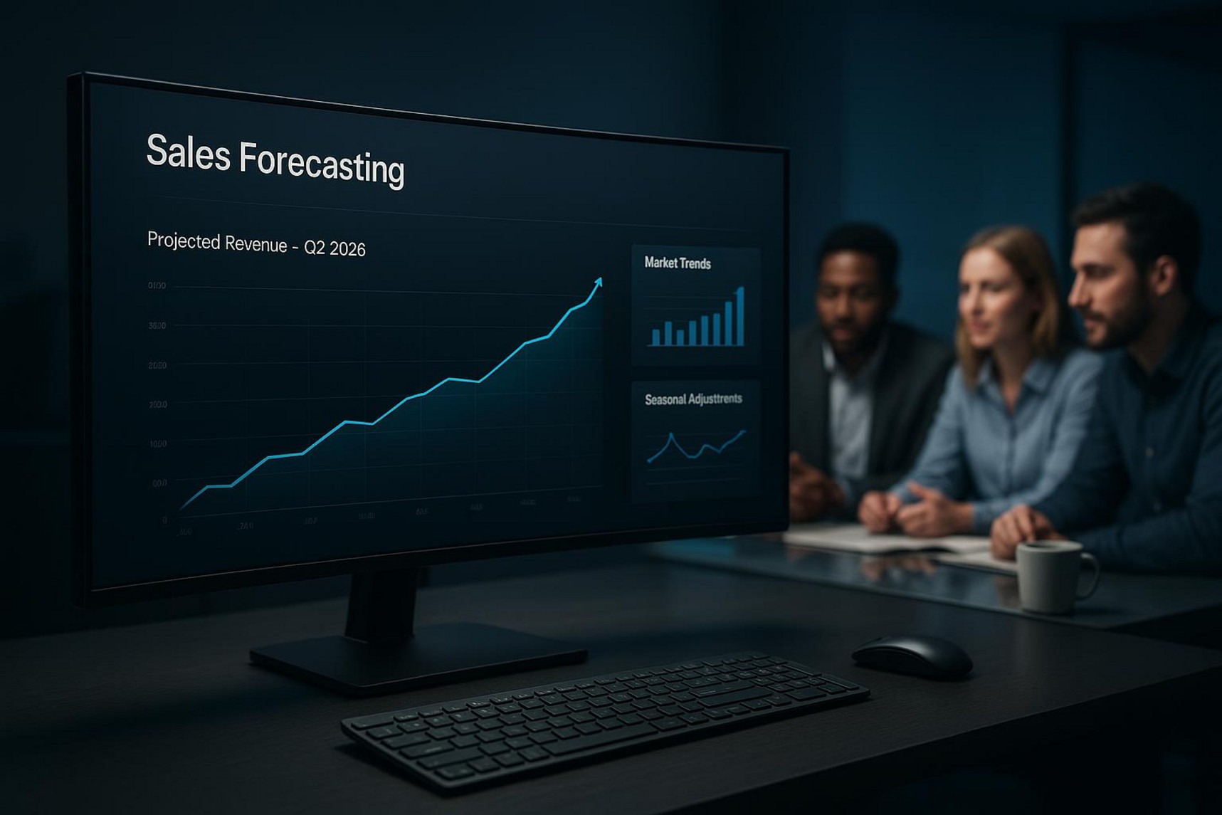 A sleek office desk with a curved monitor displaying a sales forecasting dashboard and a sales team collaborating in the background.
