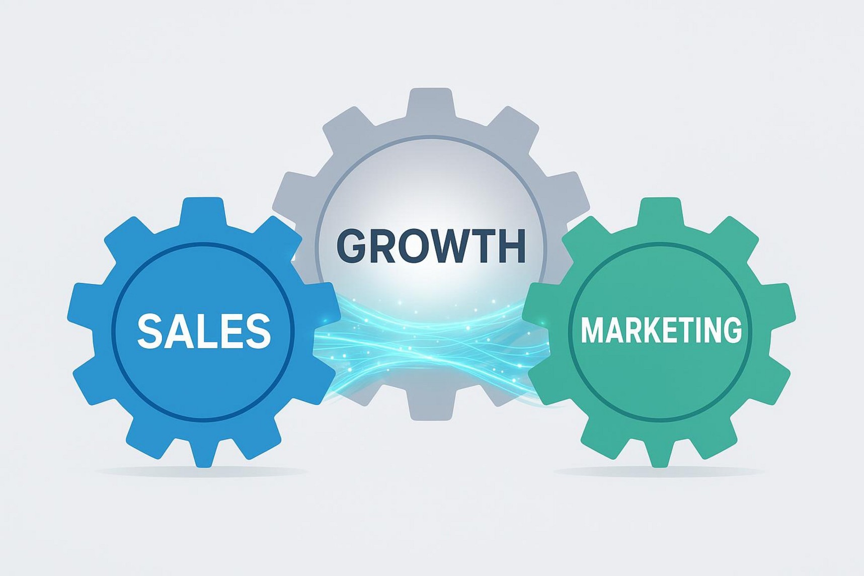 Two large interlocking gears labeled sales and marketing work together to drive growth, with data streams flowing between them.