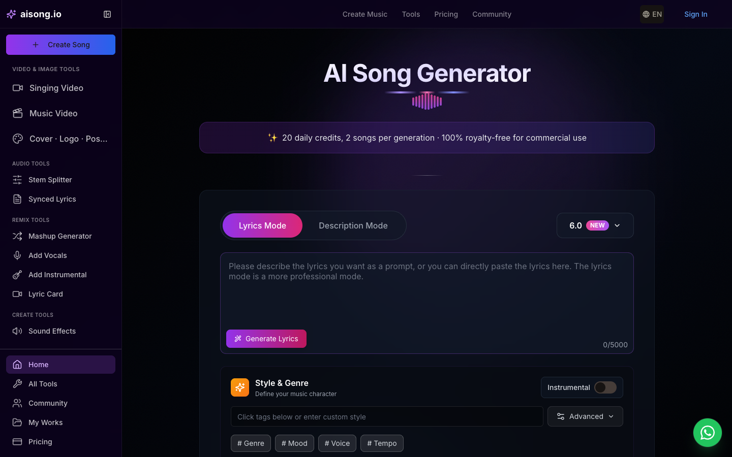 Homepage screenshot of AISong