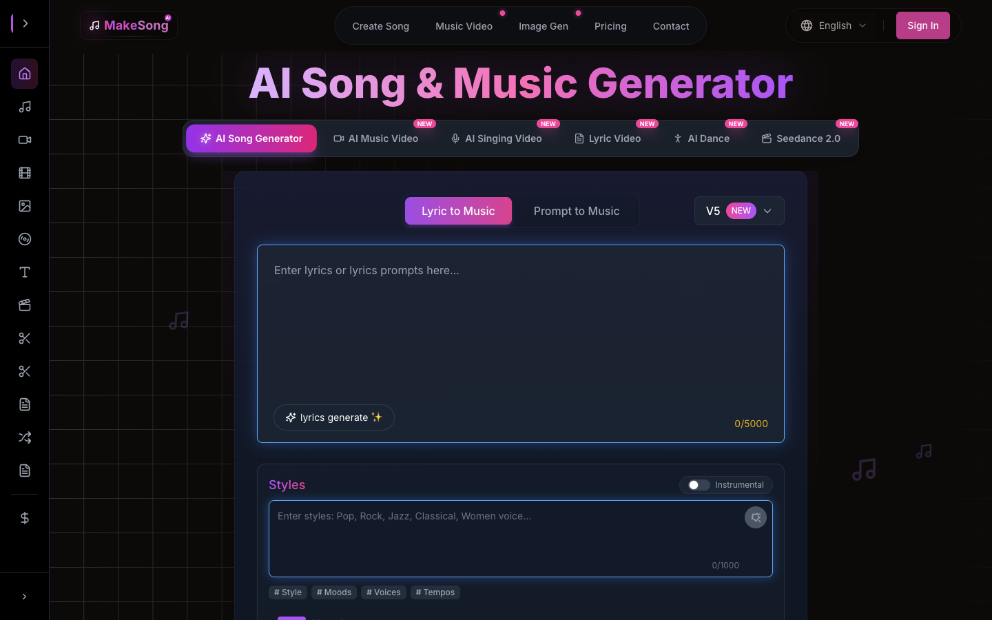 Homepage screenshot of MakeSong