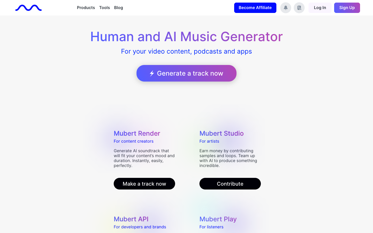 Homepage screenshot of Mubert