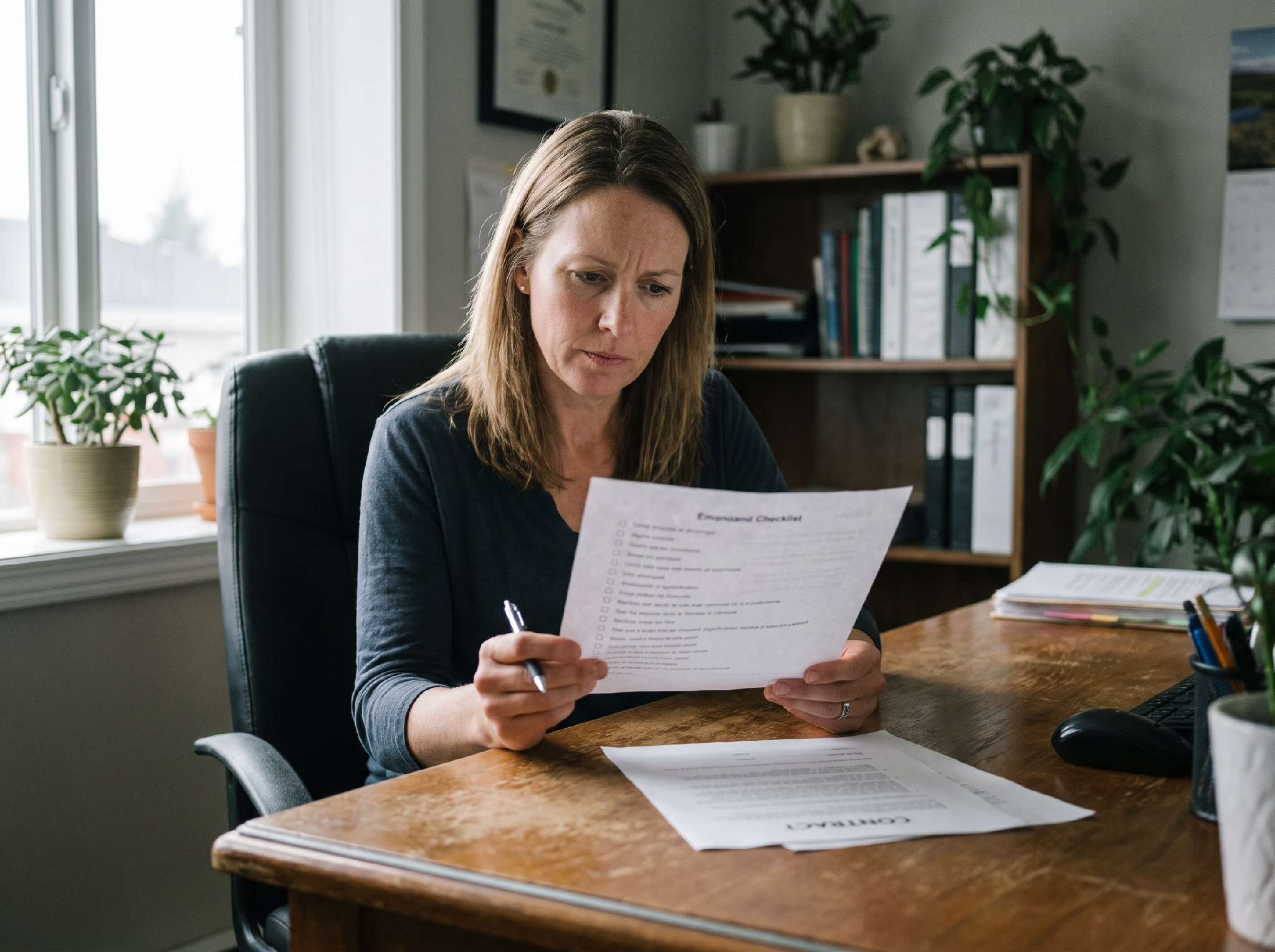 A business owner reviews a staffing partner checklist and contract at their desk