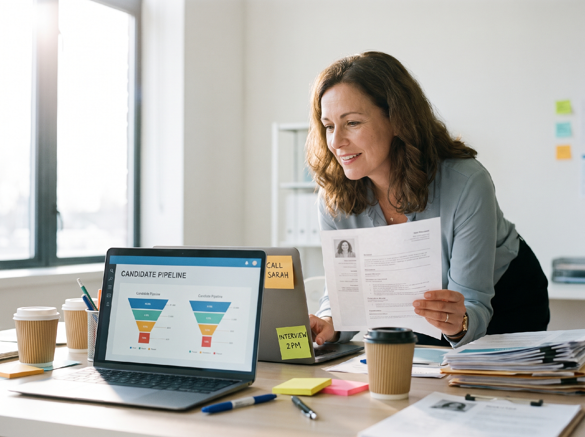 A recruiter reviews candidate resumes and a hiring pipeline dashboard at a desk