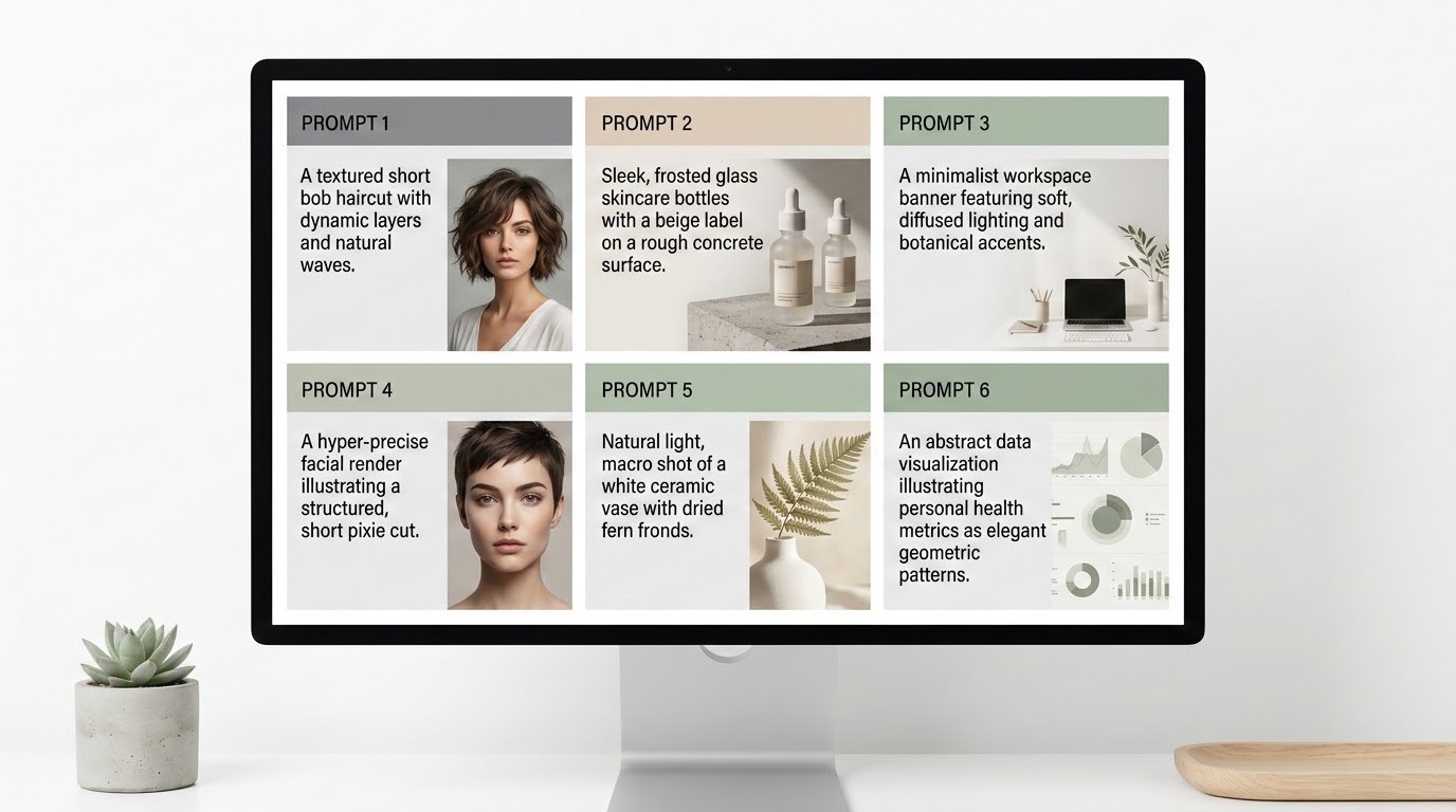 A high-quality 16:9 aspect ratio image showing a modern desk setup with a computer monitor displaying a organized collection or grid of creative AI image prompts, prompt text, and corresponding generated art samples, set against a clean, modern workspace background.